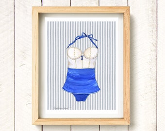 Vintage Bathing Suit Blue Watercolor Art Print | Etsy