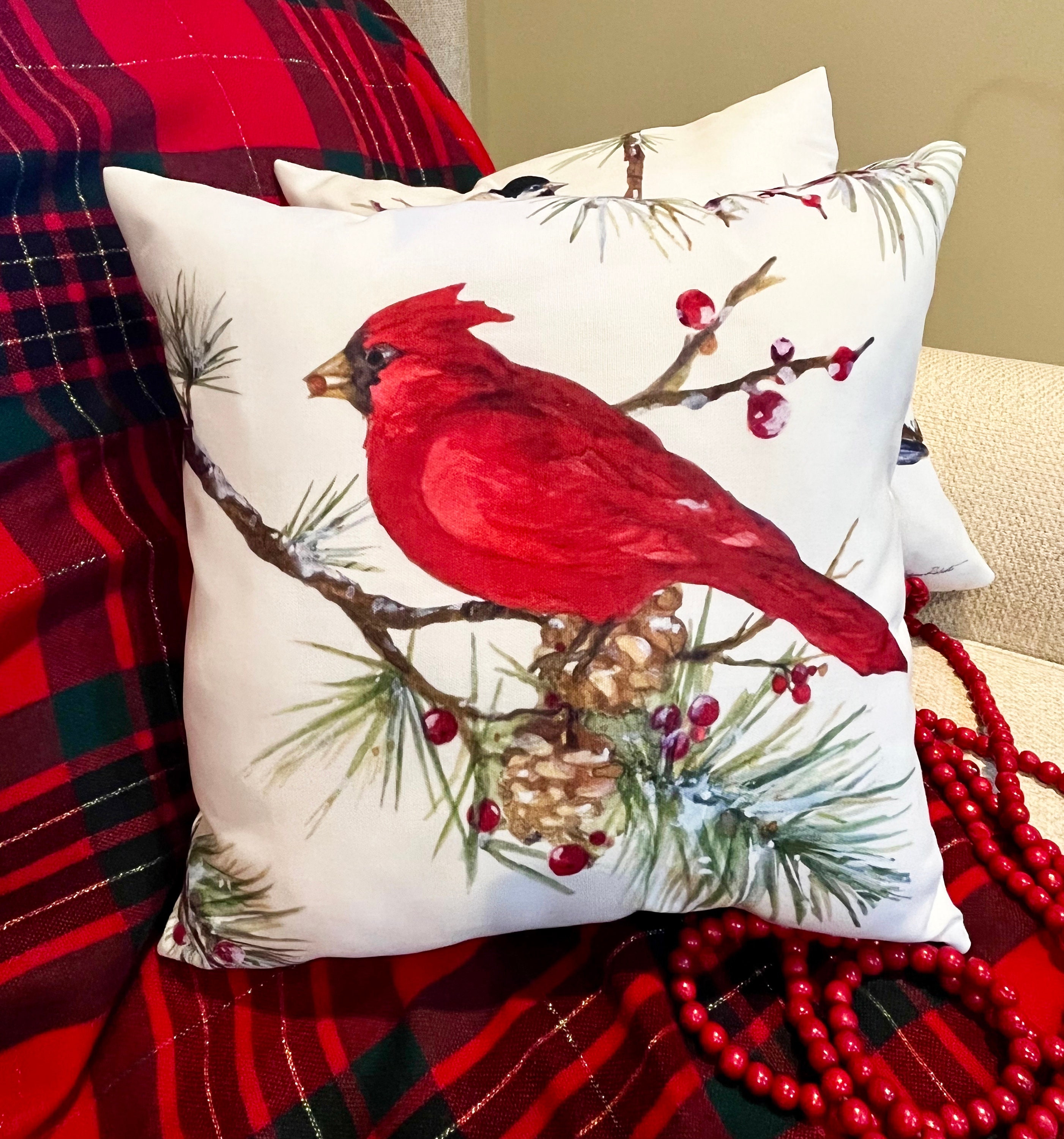 Christmas Bird Pillow Covers and Inserts, Winter Throw Pillow, Winter Tits  on Pine Cardinal Holly, Christmas Home Decorations Accent Pillows 