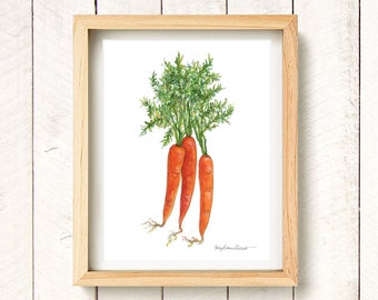 May include: A watercolor painting of three orange carrots with green leafy tops. The carrots are arranged in a cluster, with the tops pointing upwards. The painting is on a white background.