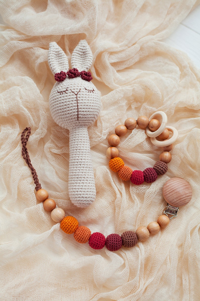Set of 3 Pacifier Clip Christening Present for Toddler or Infant Bunny Rattle Easter Baby Box Gift Rabbit Sensory Toys Wooden Ring