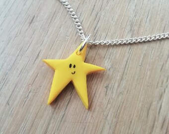 Star pendant necklace, sliver chain, yellow polymer clay star, christmas gift