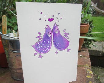 Wedding card, hand painted love birds, handmade illustrated Purple Anniversary card