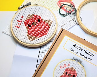 Rosie Robin Cross Stitch Kit craft kits, garden birds, sewing gifts, needlecraft, eco friendly packaging