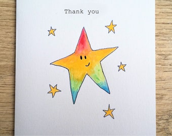 Rainbow Star Thank you Card Can be Personalised Hand-painted recycled, Eco-friendly