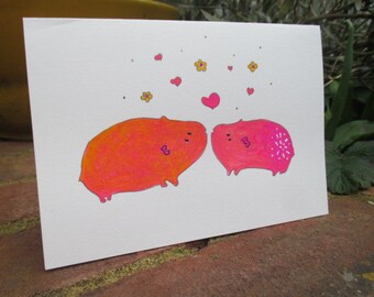 Eco friendly Wedding card, Guinea pigs, Cavys, Anniversary Card, Handmade, Hand-painted, Love card