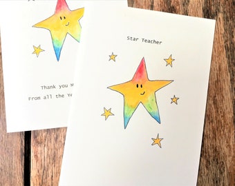 Rainbow Star Teacher Thank you Card Can be Personalised Hand-painted End of term, recycled, Eco-friendly