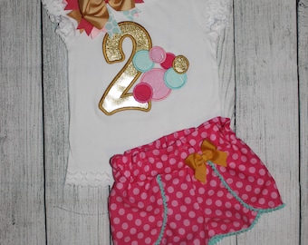 Bubble Party Pink, Gold, Aqua Onesie Coachella Shorts Birthday Outfit with Matching Bow