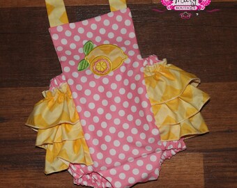 Lemonade/Lemon Ruffle Bottom Romper Yellow and Pink