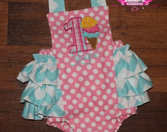 Ice Cream Ruffle Bottom Romper  Outfit Turqouise and Pink