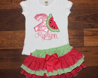 Personalized Watermelon First Second Birthday Ruffle Bloomers Outfit
