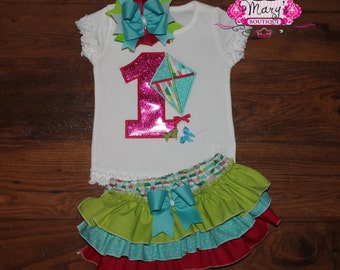 Spring Kite Birthday First Second Ruffled Bloomers or Skirt Outfit with Matching Bow