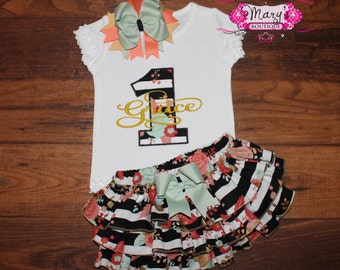 Floral Black and Gold Birthday Ruffled Bloomers Outfit