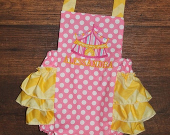 Circust Tent Ruffle Bottom Romper Yellow and Pink