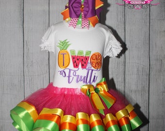 Two-tti Frutti Birthday Ribbon Trimmed Tutu, Shirt and Bow Set