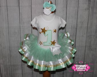 Twinkle Twinkle Little Star Birthday Ribbon Trimmed Tutu, Shirt and Bow Set Mint and Gold