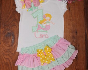 Mermaid Birthday Outfit with Ruffled Bloomers and Bow Yellow Pink and Mint