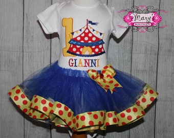 Carnival, Circus, Under the Big Top Birthday Ribbon Trimmed Tutu, Shirt and Bow Set  Primary Colors