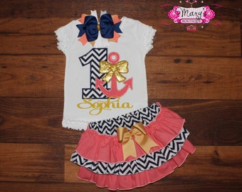 Personalized Nautical Anchor Coral Navy Blue and Gold Birthday Ruffled Bloomers Skirt Outfit