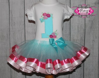 Floral First Shabby Chic Birthday Ribbon Trimmed Tutu, Shirt and Bow Set Aqua, PInk