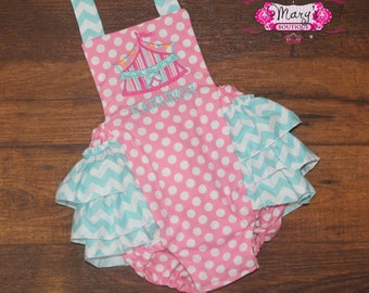 Circust Tent Ruffle Bottom Romper PInk and Turqouise
