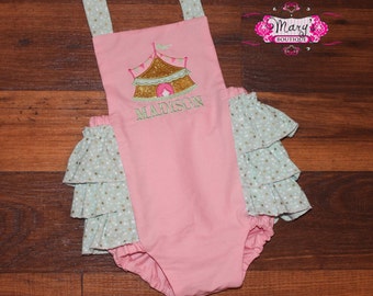 Circust Tent Ruffle Bottom Romper Pink Mint and Gold