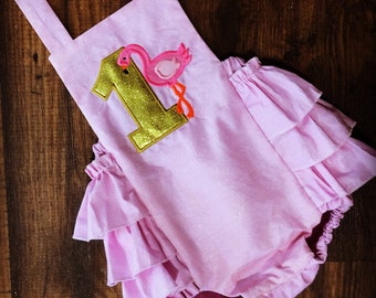 Hot Pink Flamingo on pink Ruffle Bottom Romper