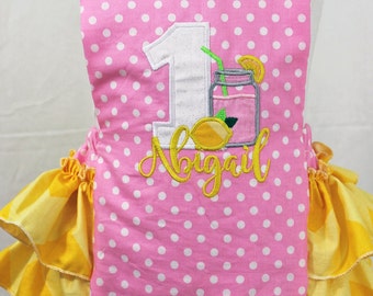 Pink Lemonade Mason Jar Ruffle Bottom Romper Yellow and Pink