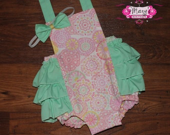 Easter Pink and Mint Medallion Personalized Ruffle Bottom Romper and Matching Bow