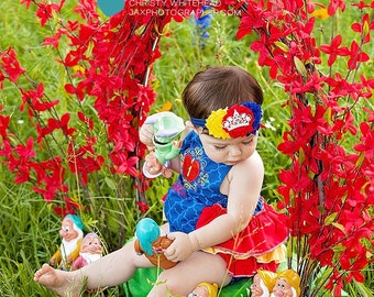 REd Blue and Yellow Apple Ruffle Bottom Romper Sunsuit