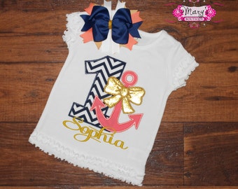 Personalized Nautical Anchor Coral Navy Blue and Gold Birthday Shirt