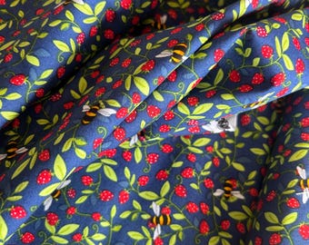 Bee's and Strawberries on Navy Rose & Hubble  100% Cotton Poplin Fabrics