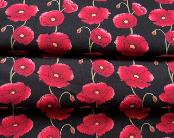 Rose & Hubble poppy on Black background 100% Cotton Poplin Fabrics