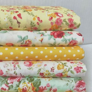 Patchwork Squares - Lemons, White  Florals & Spots -  4", 5" and 10" or Fat Quarters ( JR06 )