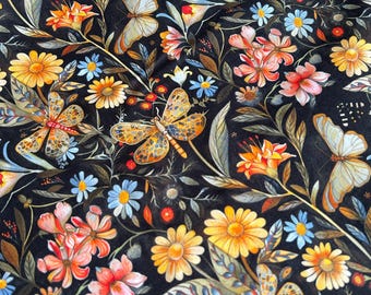 Rose & Hubble Whimsical on Black, 100% Cotton Poplin Fabric, Fat Quarter, 1/2m, 1m crafts, UK seller
