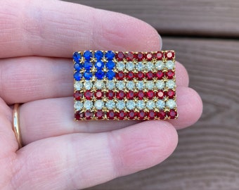Jewelry Vintage United State Flag Rhinestone Brooch Red White and Blue