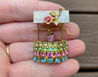 Vintage Floral Wishing Well Brooch Gold tone Faux Pearls and Rhinestone Flowered Wishing Well Brooch Delicate Wire work brooch