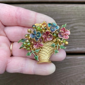 Vintage Jewelry Gorgeous Highly Detailed Enamel and Aurora Borealis Rhinestone Basket of Flowers Pin Brooch