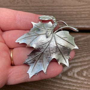 May include: Silver-toned leaf-shaped brooch with detailed veining and a stem. The brooch has a textured surface and a classic design, suitable for adding a touch of nature-inspired elegance to any outfit.