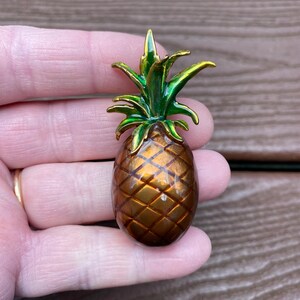 May include: A detailed, enameled pineapple brooch. The brooch features a brown body with a diamond pattern and green and gold leaves. The brooch is a tropical-themed accessory.