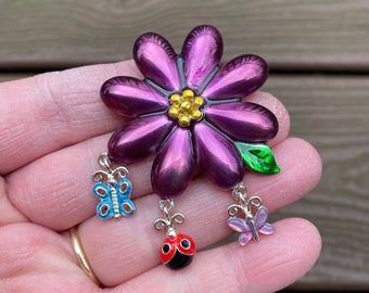 Vintage Jewelry Signed Danecraft Beautiful Enamel Flower with Dangling Ladybug and Butterflies Pin Brooch