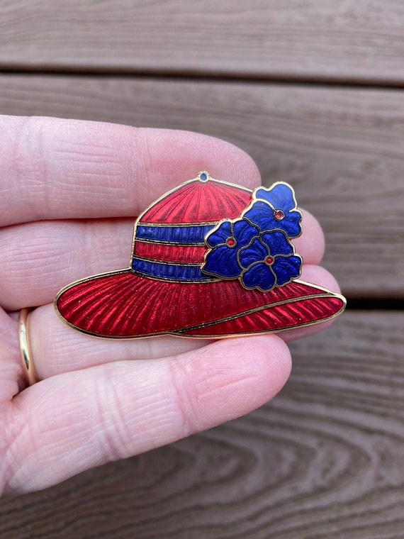 Vintage Jewelry Signed Fish and Crown Lovely Red and Purple Enamel Red Hat Society Pin Brooch