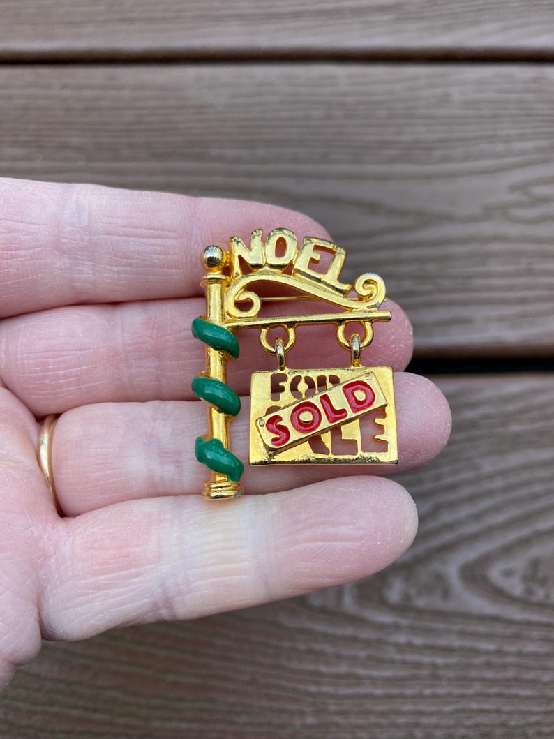 Vintage Jewelry Signed Ren Beautiful Enamel and Gold Tone Sold Real Estate Realtor Noel Christmas Sign Pin Brooch
