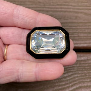 Vintage Jewelry Signed Trifari Beautiful Black Enamel and Rhinestone Pin Brooch