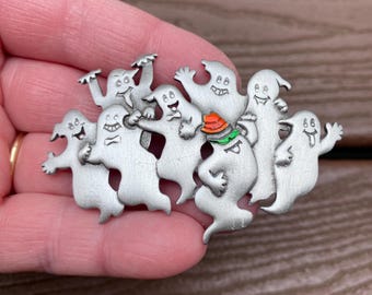 Vintage Jewelry Signed JJ Jonette Adorable Fun Loving Ghosts Halloween Pin Brooch