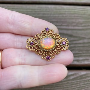 Vintage Jewelry Signed JJ Jonette Beautiful Opal and Rhinestones Pin Brooch