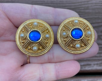 Vintage Jewelry Gorgeous Gold Tone with Blue Cabochons and Pearls Etruscan Style Clip On Earrings
