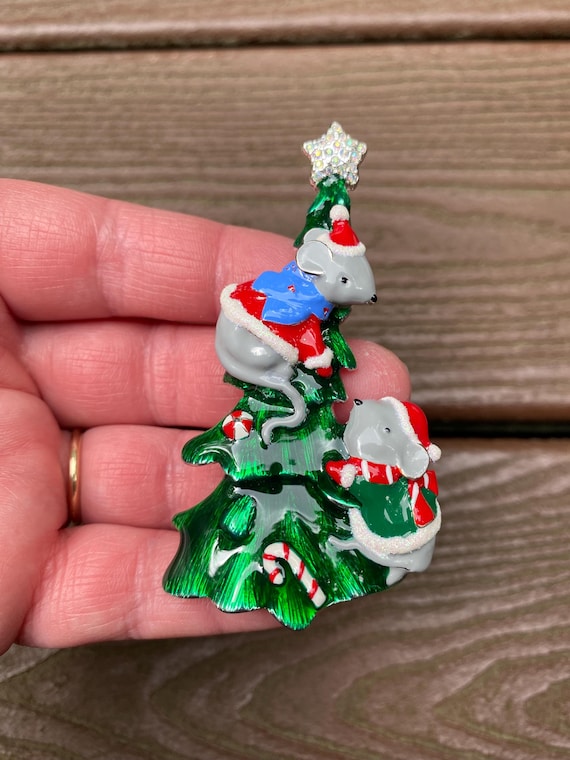 Vintage Jewelry Beautiful Enamel and Rhinestone Mice Decorating Christmas Tree Pin Brooch