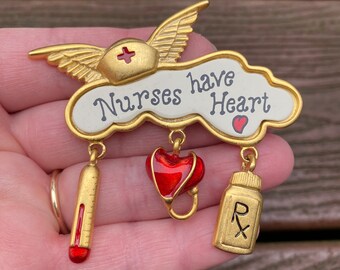 Vintage Jewelry Signed Tona Beautiful Gold Tone and Enamel Nurses Have Heart Nurse Dangle Pin Brooch