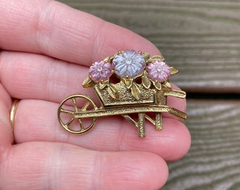 Vintage Jewelry Beautiful Frosted Flowers in Wheelbarrow Pin Brooch