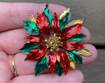 Vintage Enameled Christmas Poinsettia Pin Item K # 436